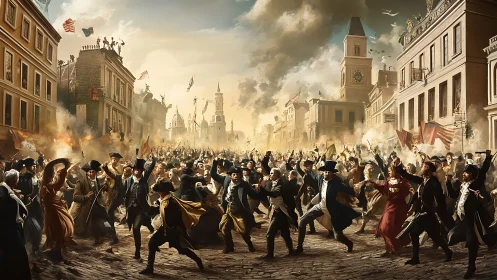 Revolutionary era street uprising with dense civilian melee