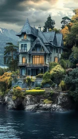 Cliffside manor keeps quiet watch over a brooding mountain lake