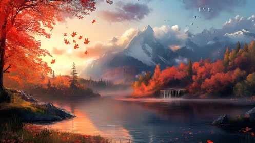 Glowing autumn lake nestles beneath serene snowy mountains