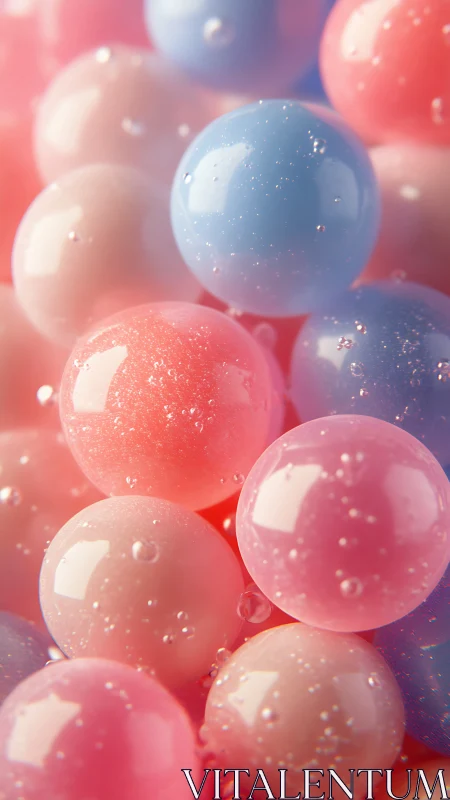 Macro render of iridescent pastel gelatin spheres with bubbles