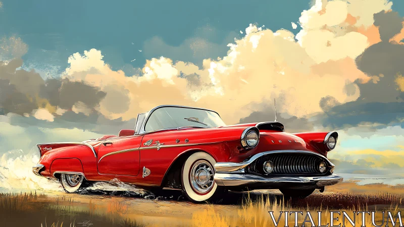 Red classic convertible stands under expansive cloudy sky