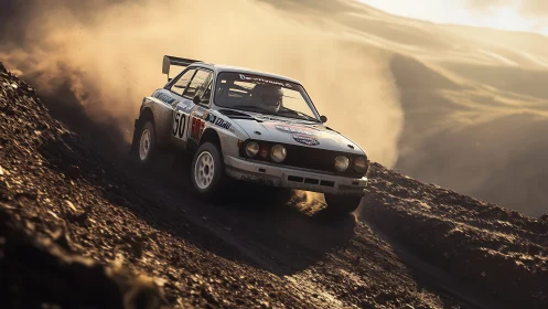 Vintage rally car powerslides along sunlit gravel descent
