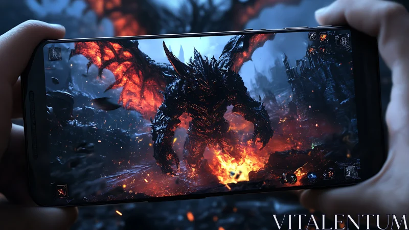 Infernal dragon boss erupts from mobile screen in blazing fury.