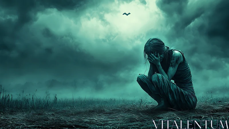 Solitary figure in a stormy field holding quiet sorrow.