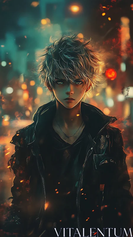 Anime boy stands in glowing city with sparks around him