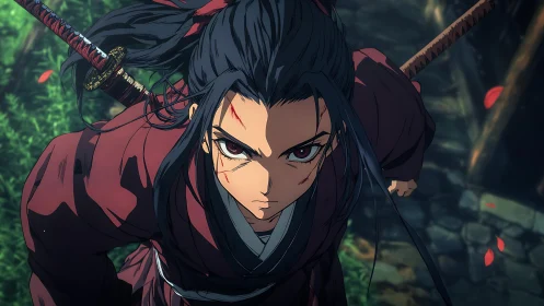 Battle-scarred anime swordsman advances through falling leaves