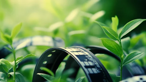 Celluloid film curling through vibrant green leaves outdoors.