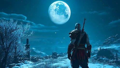 Warrior surveys frozen valley beneath luminous winter moon