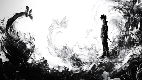 Silhouetted figure within abstract monochrome swirling forms.