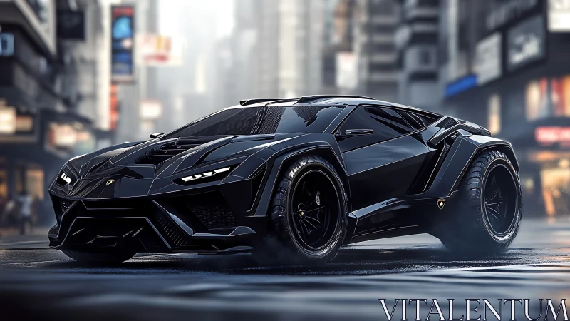 Aggressively faceted black hypercar with widebody aero in wet city