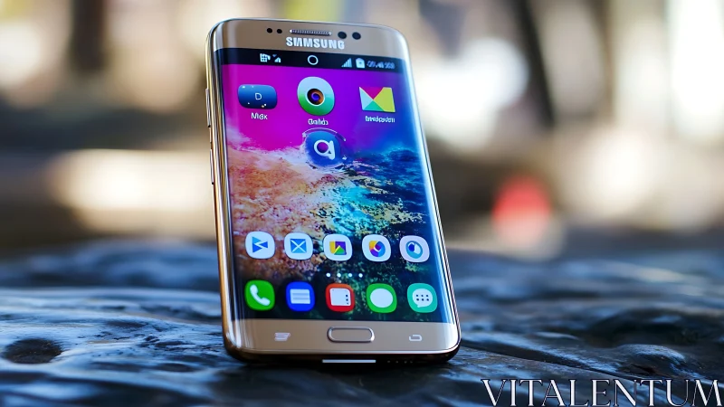 Samsung smartphone display shows multicolored UI icons with water-reflective surface