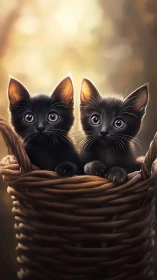 Two Black Kittens in a Woven Basket at Golden Hour