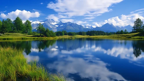 Mountain lake with tree line and cloud reflections viewed.