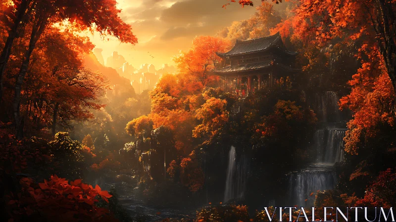 Autumnal mountain pagoda with tiered waterfalls in diffuse light.