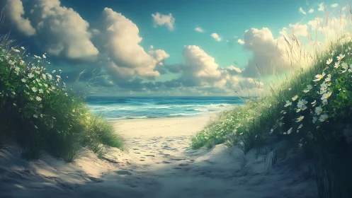 Sandy beach path framed by dunes and wild coastal flowers.
