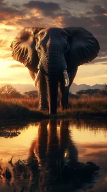 Bull elephant advances toward water under dramatic sunset light