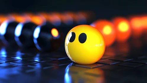 Vibrant yellow smiley face sphere in futuristic digital style.