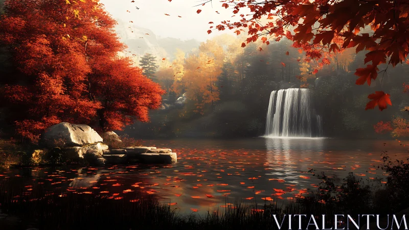 Autumn forest lake with waterfall and glowing red foliage.