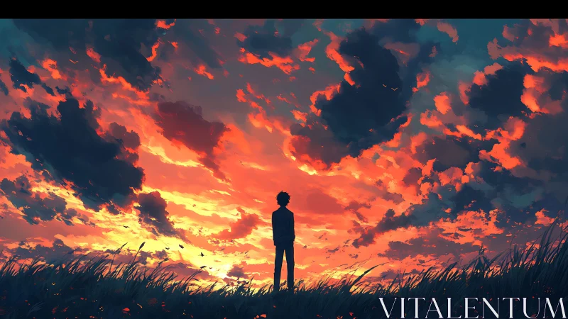 Silhouetted figure under vivid red and orange sunset sky.