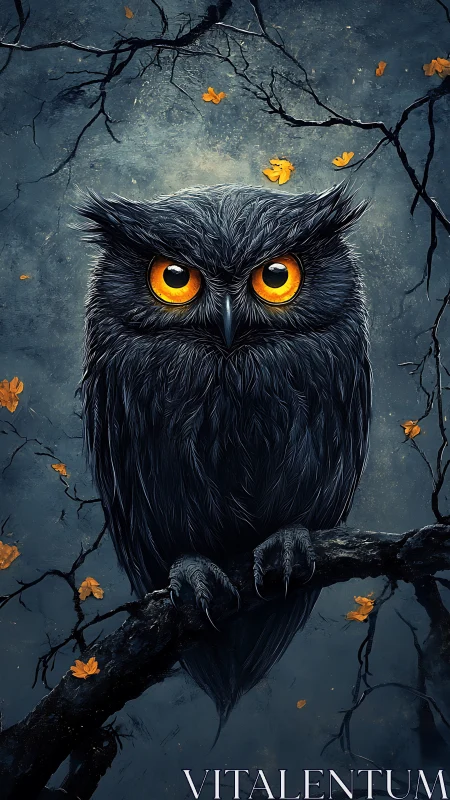 Nocturnal owl with luminous amber eyes on autumn branch.