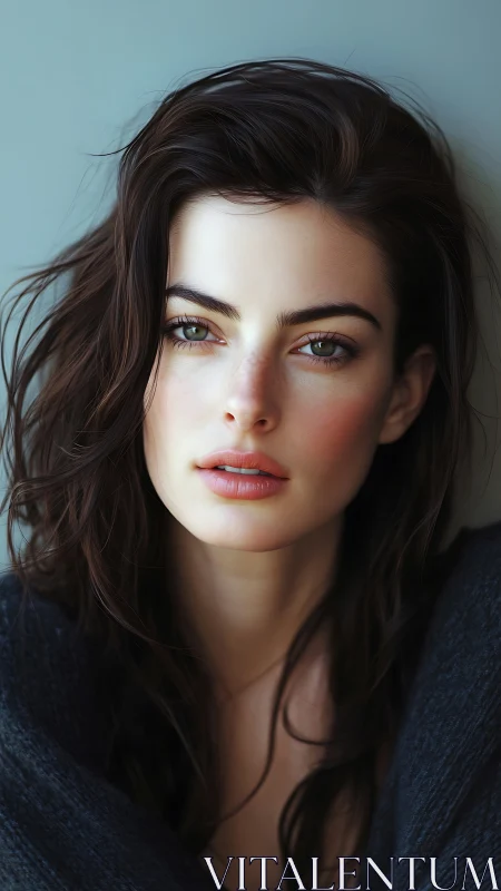 Soft-lit portrait of brunette woman with natural tones.