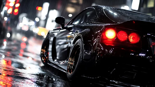 Midnight street racer glows against rain soaked city lights