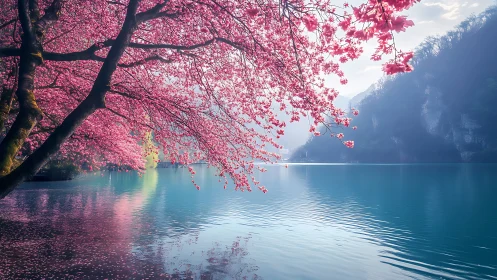 Cherry blossom tree hangs over calm turquoise mountain lake