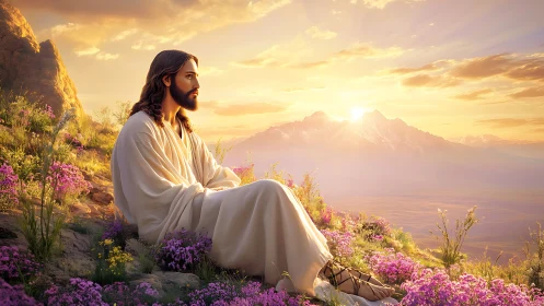 Man in white robe sits among wildflowers at mountain sunrise