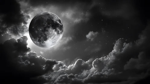 Luminous full moon rises through storm-swept night clouds.