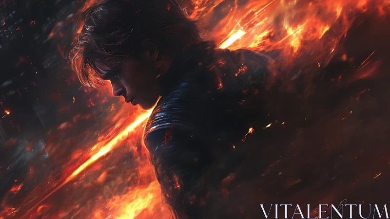 Fiery warrior in storm of embers and cinematic light.