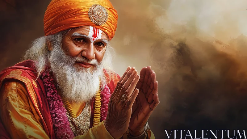 Elderly spiritual guru in orange robes offering gentle blessing.