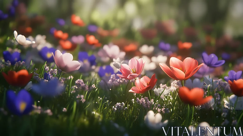 Shallow Depth Field Flower Garden with Multicolor Tulips and Companion Plantings
