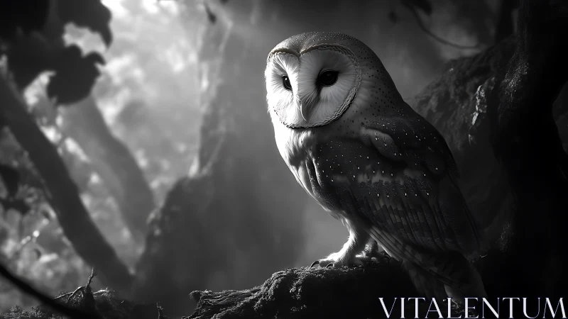 Moonlit barn owl rests calmly in a softly glowing forest