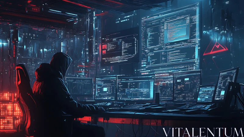 Cyberpunk threat operations desk with multi-monitor hacking HUD