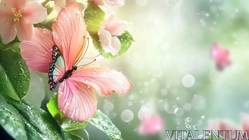 Pastel butterfly on dewy petals in soft spring light.
