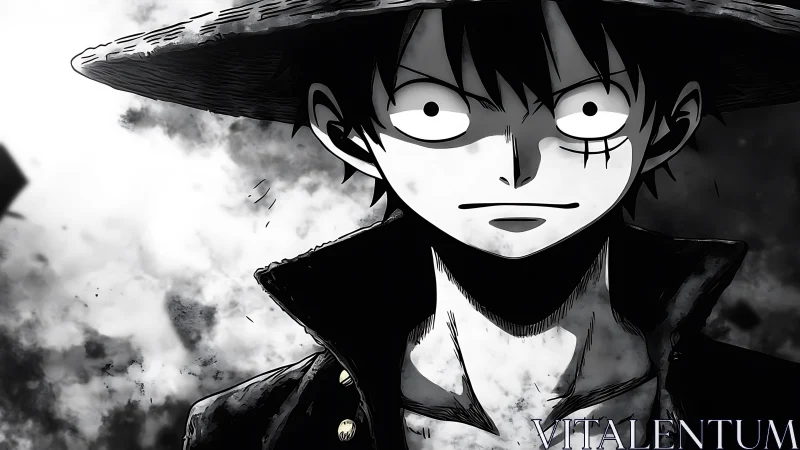 High-contrast monochrome anime portrait with intense gaze
