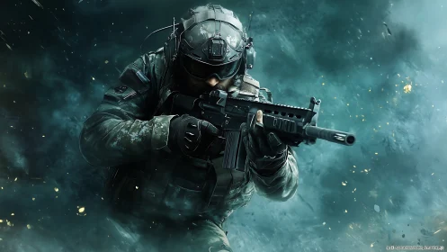 Tactical soldier advances through smoke with rifle raised ready