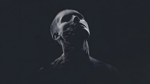Monochrome male bust rises from darkness in etched light.