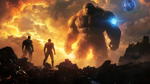 Colossal molten titan confronts two warriors on burning world