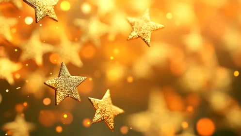 Photorealistic golden star confetti with bokeh depth field.