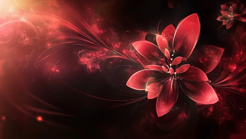 Luminous red fractal flower radiates across deep space