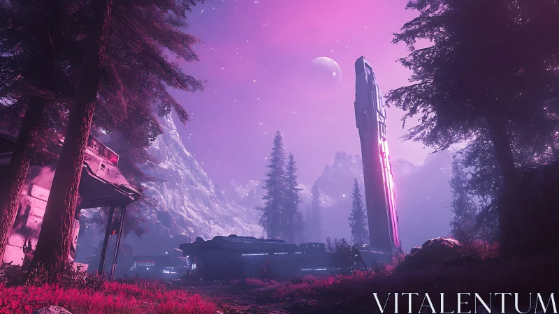 Neon forest spire overlooks alien valley under violet sky.