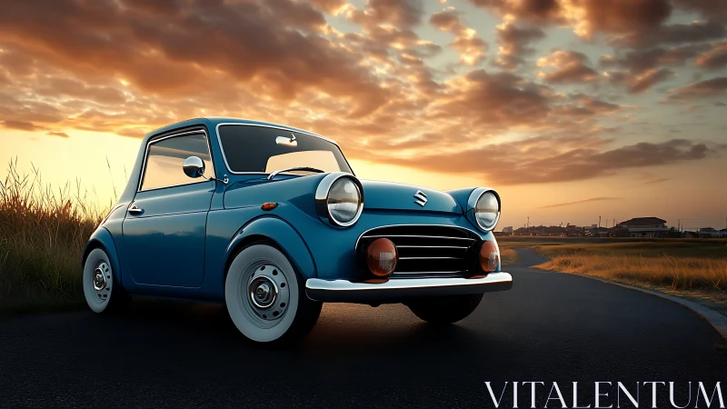Charming blue microcar welcomes sunset on a quiet country road