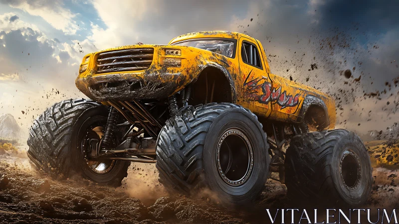 Yellow monster truck tearing through muddy off-road arena.