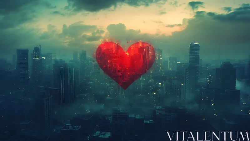 Glowing Heart Shines Bright Over the City Skyline