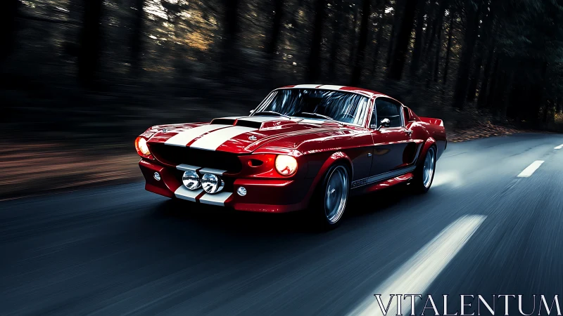 Crimson highway comet storms through a midnight forest road.