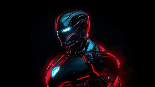 Neon armored cyborg portrait in red and cyan glow.