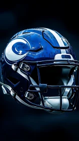 Blue football helmet gleams under dramatic studio lighting