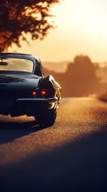 Classic black sports car cruises toward glowing sunset