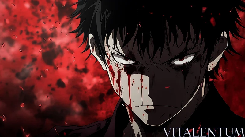 Bloodstained anime character against red fragmented background.